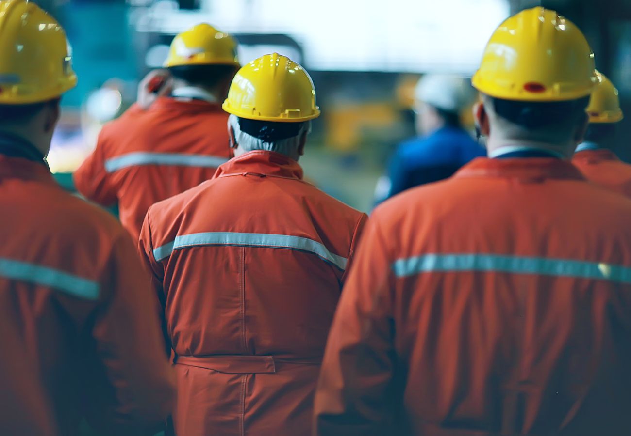 Behind view of a group of electrical workers in uniform and hardhats